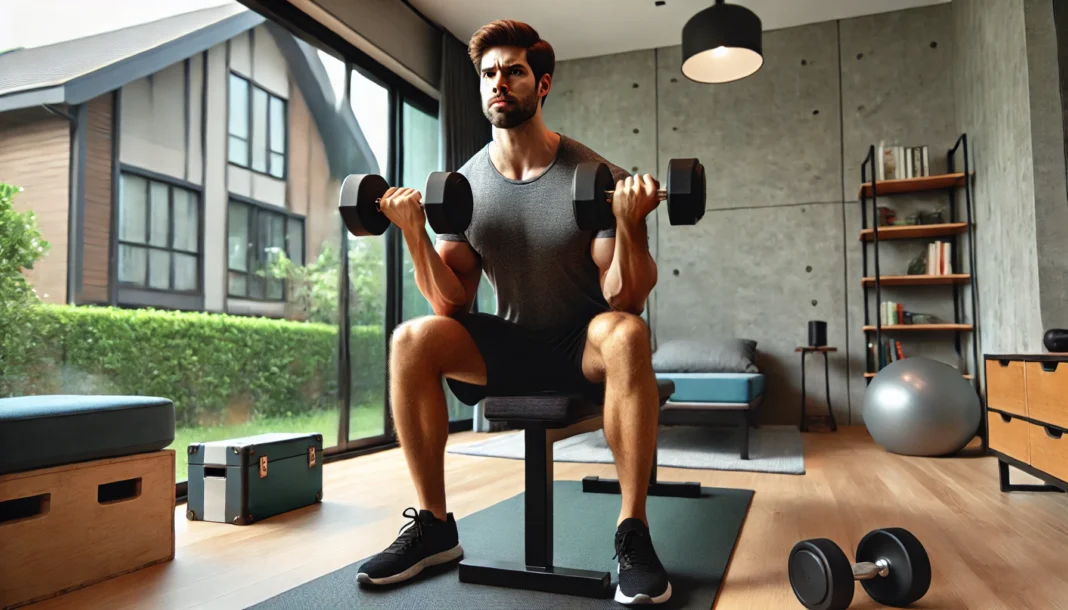 A muscular man performing a dumbbell bench press in a modern home gym with natural lighting, a workout mat, and minimal equipment, demonstrating proper form.