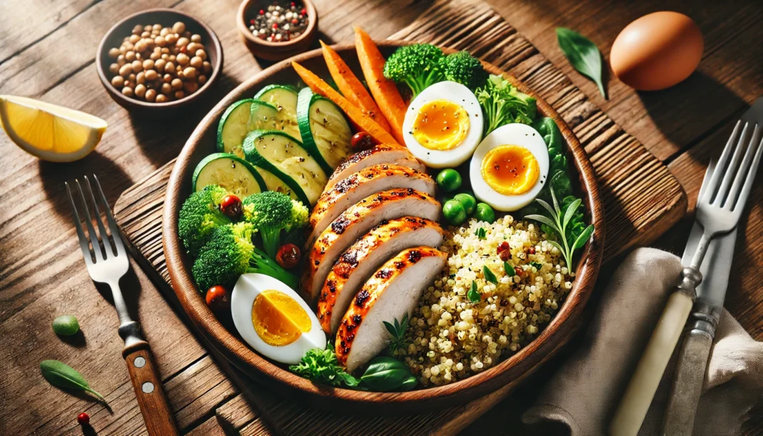 A high-quality image of a protein-rich meal featuring grilled chicken breast, boiled eggs, and a side of quinoa and vegetables, plated on a wooden table with natural lighting.