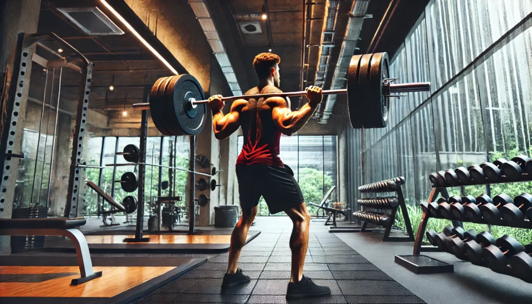 A muscular athlete performing a heavy barbell lift in a modern gym, showcasing intense strength training for muscle growth.