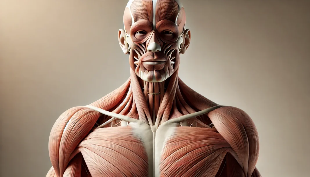 A highly detailed anatomical illustration of the male muscular system from a front perspective. The muscles are well-defined with realistic shading, showcasing the human body's structure. Ideal for educational and scientific reference.