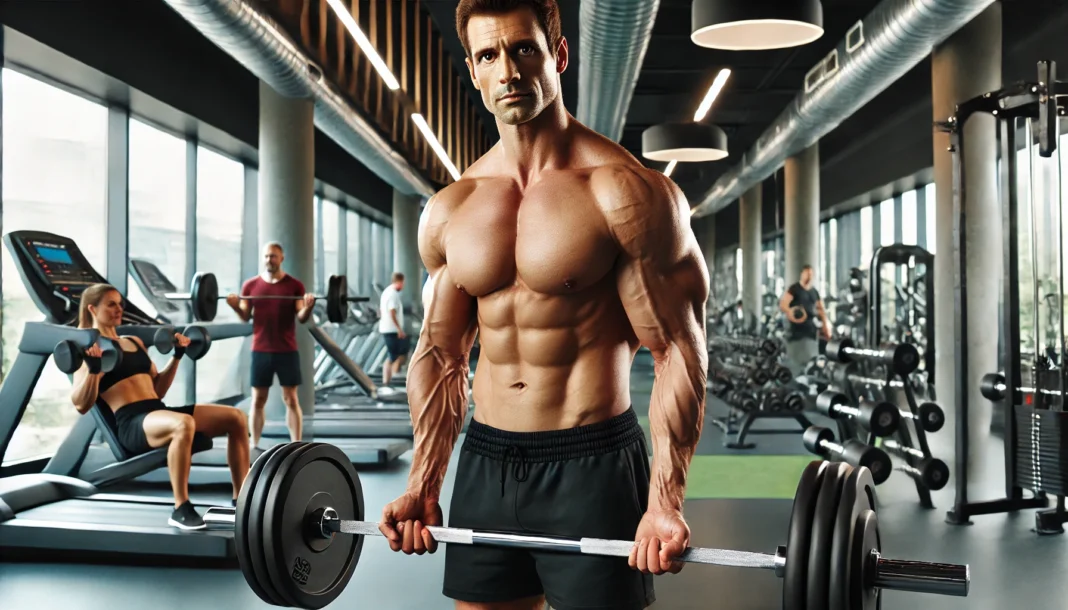 A muscular man in his 40s lifting heavy weights in a modern gym. His well-defined muscles and focused expression highlight strength training success. The gym features high-end equipment, with other fitness enthusiasts working out in the background.