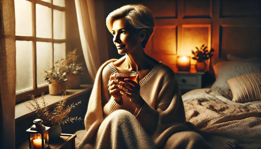 A mature woman in her 50s or 60s sits peacefully in a dimly lit bedroom, wrapped in a soft blanket while sipping tea. She gazes out of a window with a serene expression, symbolizing mindfulness, relaxation, and self-care. The warm lighting and cozy setting emphasize emotional well-being and contentment.