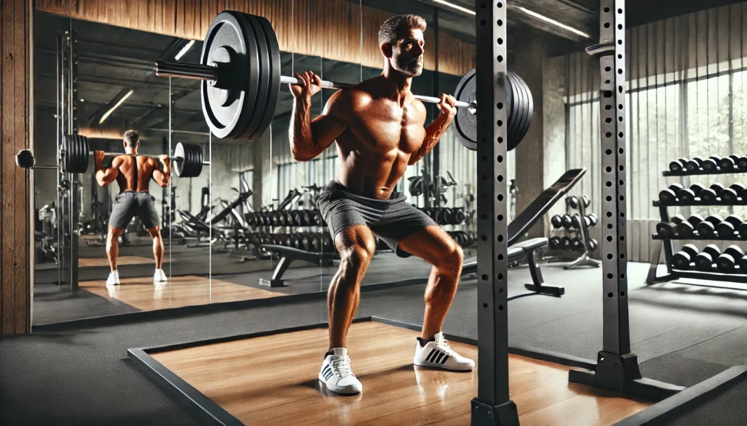 A fit and muscular man in his 50s performing a barbell squat in a modern gym, showcasing strength and proper weightlifting form.