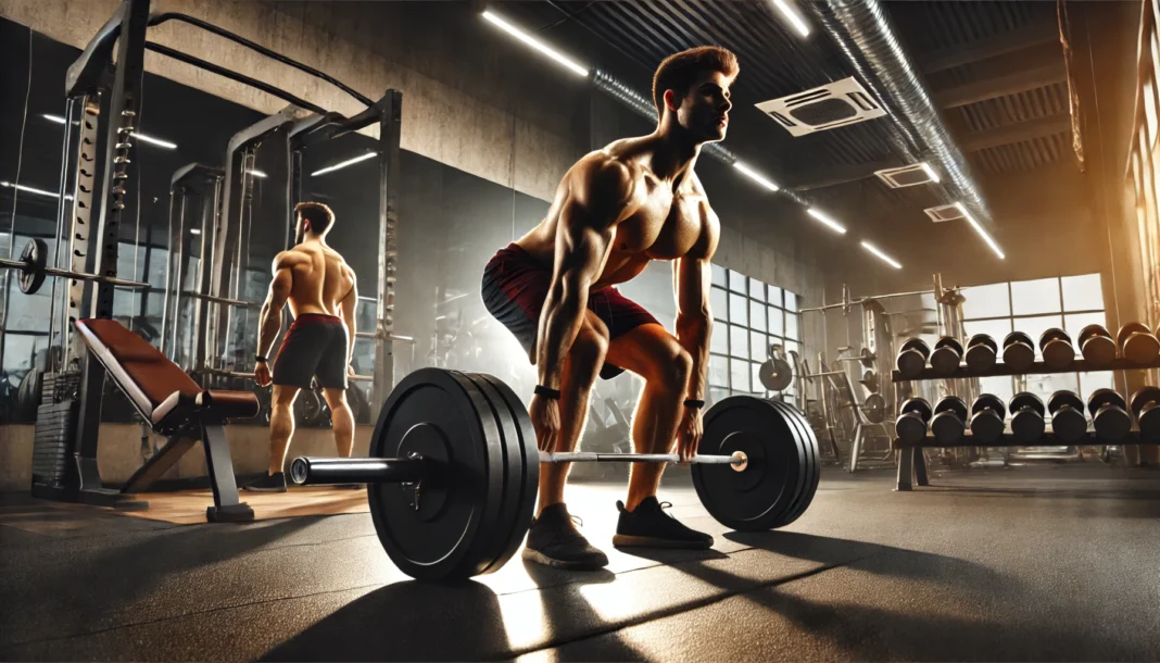 A muscular man performing a heavy deadlift in a well-lit gym, showcasing strength and endurance. The gym features modern workout equipment, with dramatic lighting emphasizing the lifter's defined muscles.