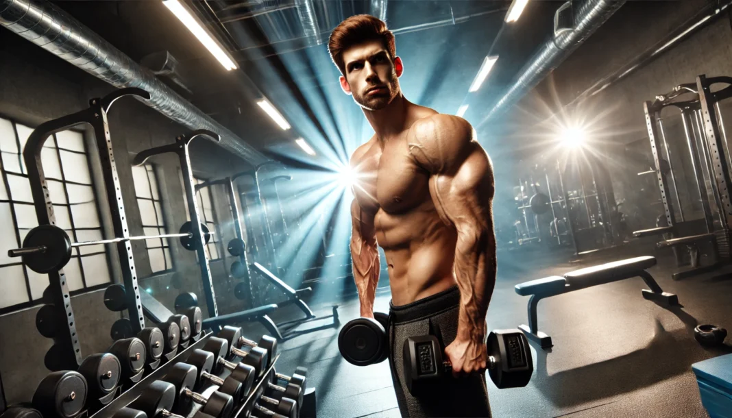 A muscular man lifting heavy dumbbells in a professional gym, showcasing well-defined biceps and triceps under bright lighting. The gym environment is equipped with squat racks and barbells, emphasizing strength training.