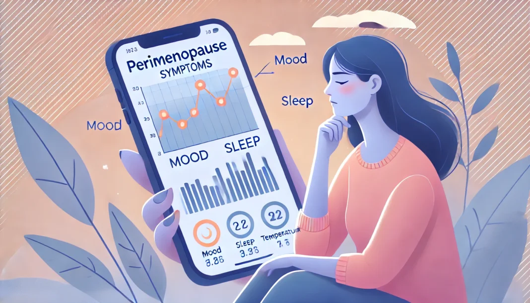 A conceptual illustration of a middle-aged woman using a smartphone to track her perimenopause symptoms. She is reviewing a digital chart displaying mood, sleep, and temperature patterns. The background features soft, calming hues, symbolizing self-awareness and health monitoring.