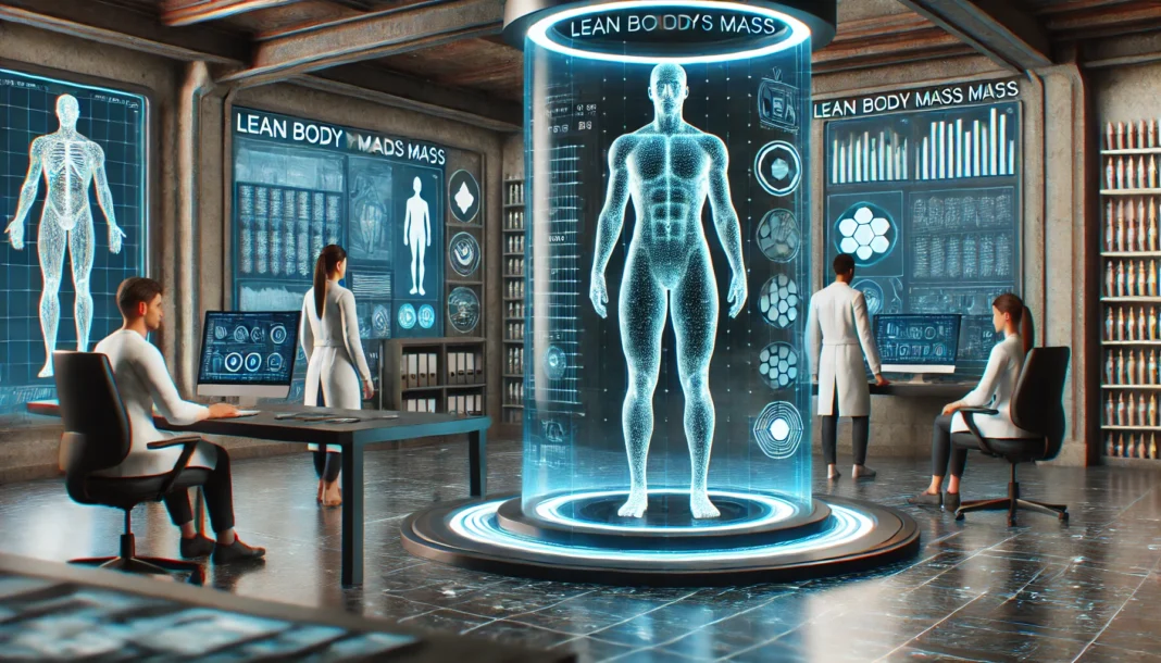 A futuristic medical lab with advanced body composition scanning technology, featuring a holographic human body projection displaying lean body mass analysis with biometric data overlays.