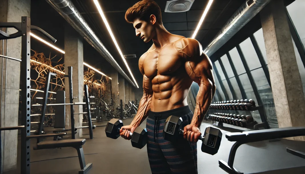 A muscular man lifting heavy dumbbells in a modern gym, with lighting emphasizing his defined physique and strength. The background showcases gym equipment such as barbells, benches, and squat racks, reinforcing the theme of muscle-building.