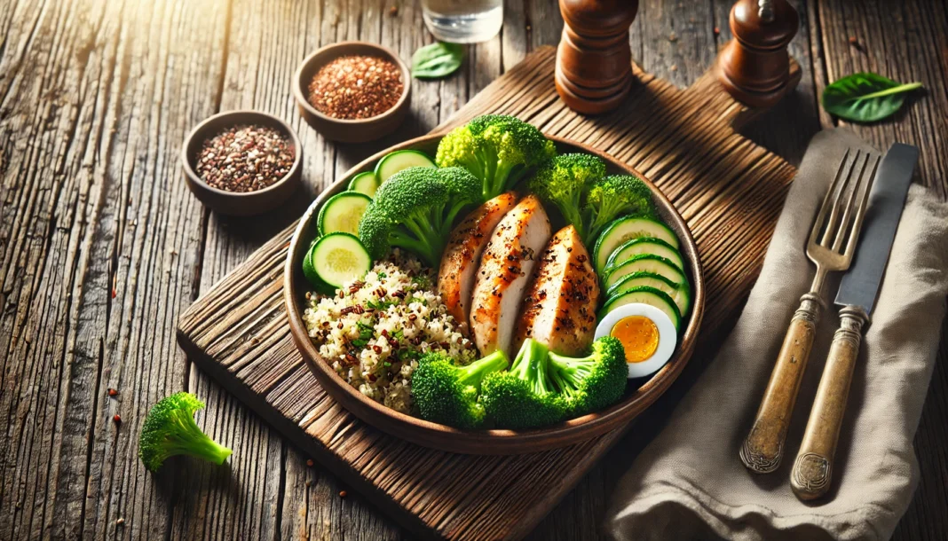 A high-protein meal with grilled chicken, quinoa, and steamed broccoli on a rustic wooden table, emphasizing a balanced diet for muscle growth and fat loss.