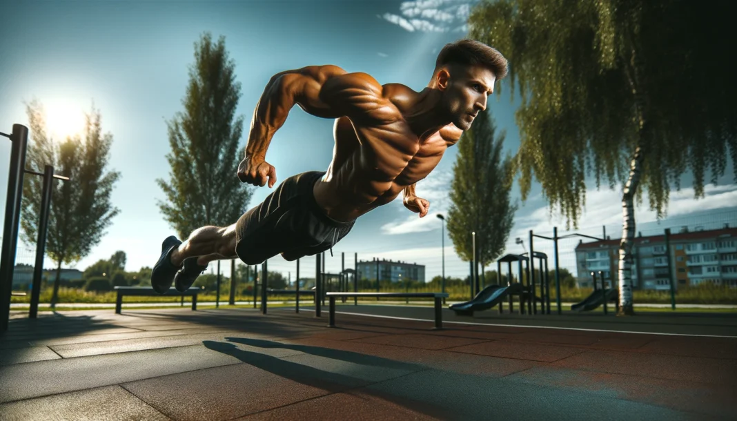 A muscular man performing explosive plyometric push-ups in an outdoor fitness park, mid-air, showcasing upper body strength and dynamic movement.