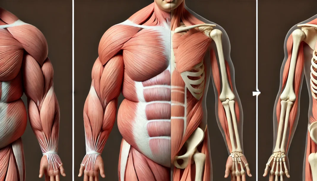 A realistic depiction of human muscle and fat composition, showing excess body fat on the left and lean muscle on the right.