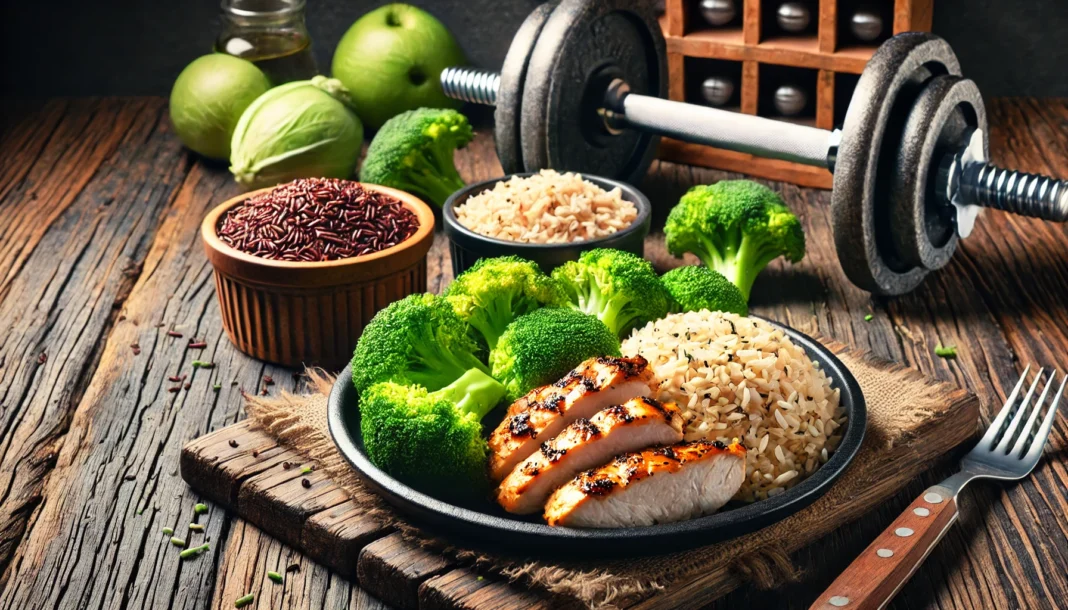 A high-protein meal for muscle building, featuring grilled chicken breast, brown rice, and steamed broccoli on a rustic wooden table. The composition highlights clean eating and muscle gain.