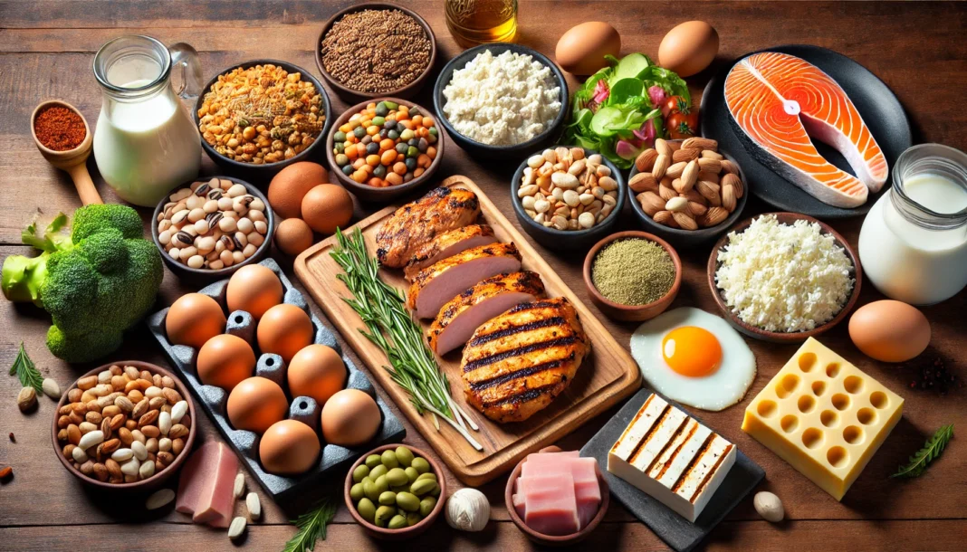 A visually appealing display of various protein sources, including grilled chicken, salmon, eggs, tofu, legumes, and dairy, arranged on a wooden table. The composition represents a science-backed approach to muscle-building nutrition.