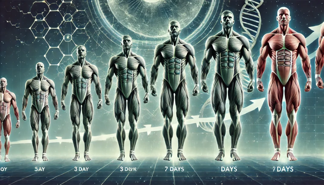 A time-lapse concept of muscle growth, showing the progressive transformation of an athlete’s physique over seven days. The image visually represents gradual muscle development in a scientific and realistic way.