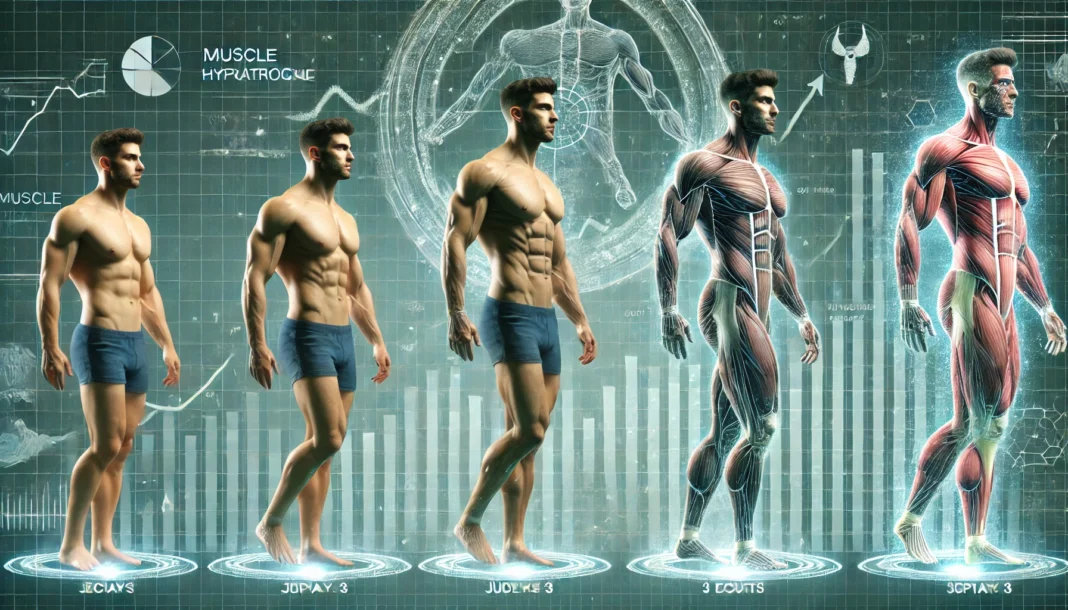 A time-lapse visualization of a man's muscle growth over several months, showing progressive development from lean to muscular. The background subtly incorporates a scientific representation of muscle hypertrophy over time.