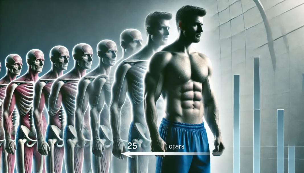 A time-lapse concept showing muscle loss over time, depicting a gradual decrease in muscle mass in an athlete’s physique. The background subtly represents the causes of muscle atrophy, such as inactivity and aging.