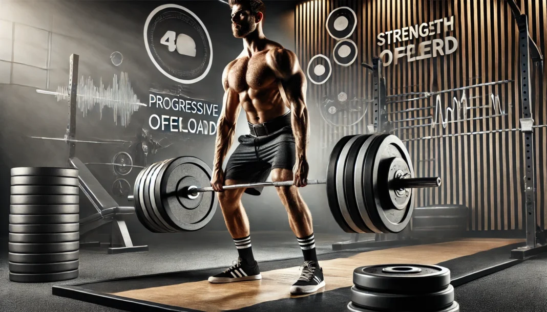 A powerful gym scene featuring a muscular athlete performing a heavy deadlift with perfect form. The background highlights strength training principles, with weight plates and barbells emphasizing progressive overload.