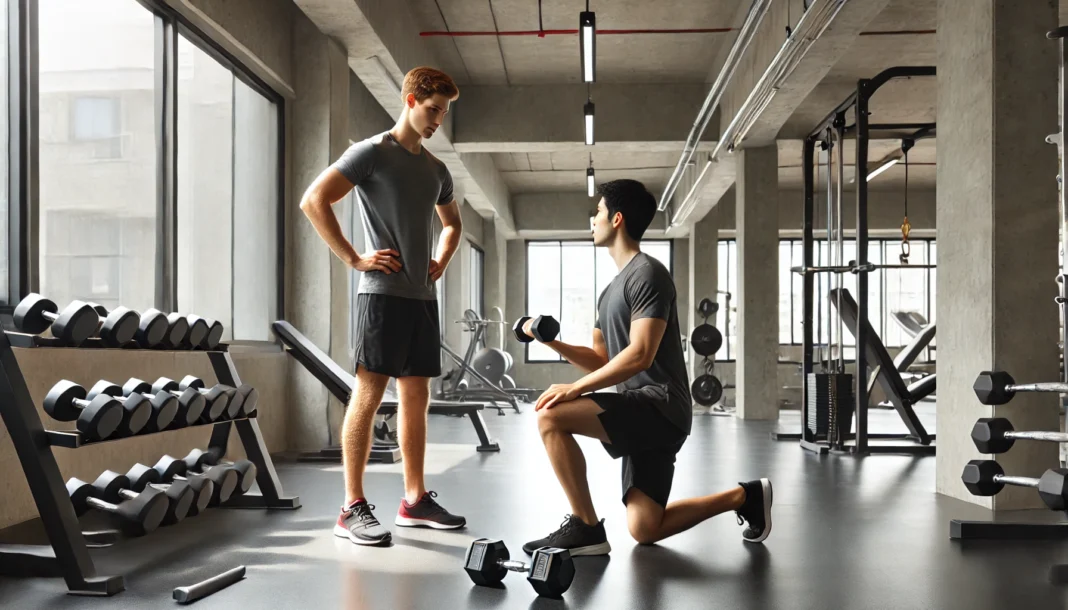 A spacious, well-lit gym with a personal trainer assisting a beginner in lifting dumbbells, ensuring proper form and safety. The gym features neatly arranged weightlifting equipment, including barbells, kettlebells, and resistance bands.