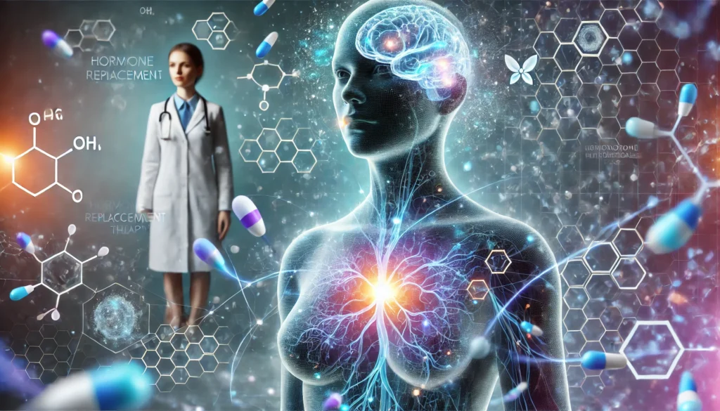 A futuristic medical visualization of hormone replacement therapy. The image features a woman's body with glowing neural pathways and hormone molecules, with a doctor in a lab coat in the background, emphasizing medical supervision and scientific advancements.