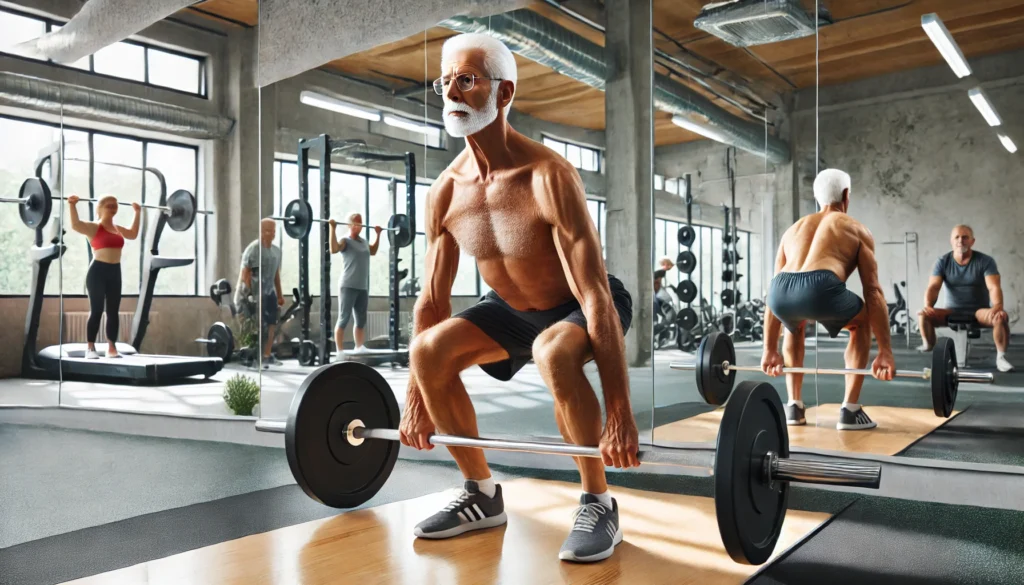 A strong elderly man demonstrating a controlled deadlift with light weights in a well-lit fitness center. The background includes mirrors and other gym-goers engaging in low-impact strength training for osteoporosis prevention.