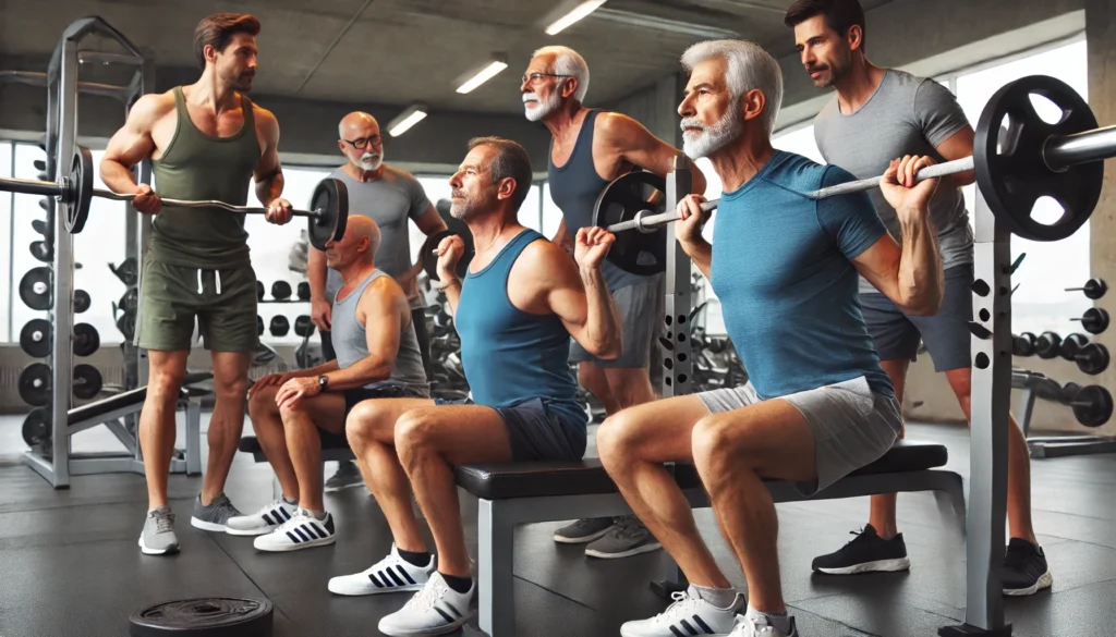 A group of middle-aged men engaging in strength training at a professional gym, performing exercises like squats and bench presses, emphasizing camaraderie and dedication to fitness over 40.