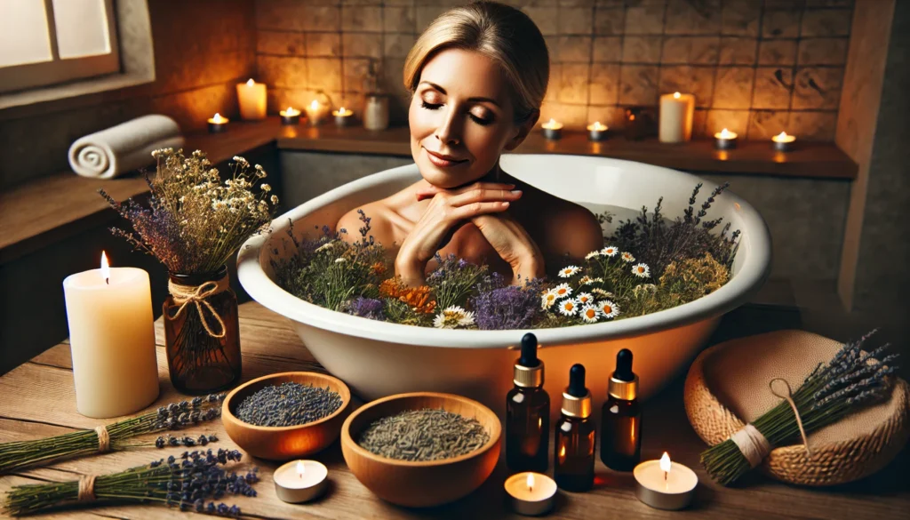 A serene spa-like setting with a middle-aged woman relaxing in a warm herbal bath surrounded by natural elements like lavender, chamomile, and essential oils, promoting holistic menopause relief.