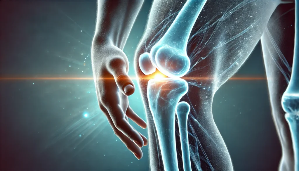 A close-up view of knee and elbow joints glowing with vitality, showing translucent cartilage and well-lubricated movement against a soft, flexible-themed background.