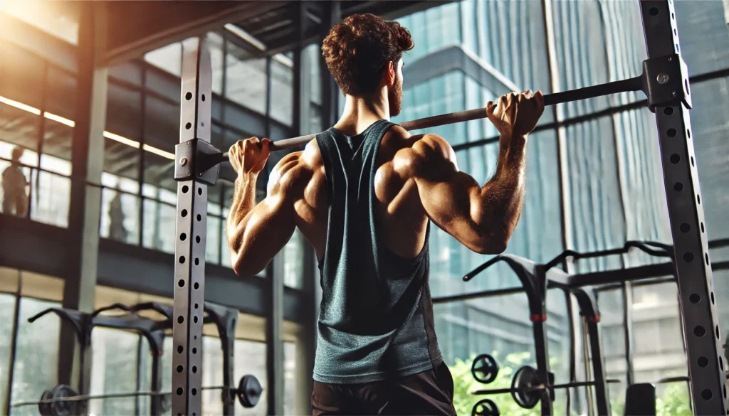 A dynamic angle of a man mid-rep on a pull-up bar. The focus should be on his biceps, back muscles, and proper form, with a plain, clean gym wall in the background.