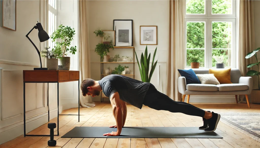 A fit, muscular man executing a pike push-up on a yoga mat in a bright and modern home setting.