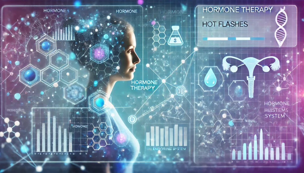 A futuristic scientific visualization of hormone therapy, featuring a glowing digital interface displaying hormone molecules, medical charts, and neural pathways. A subtle silhouette of a woman in the background represents the connection between medical advancements and hot flash relief.