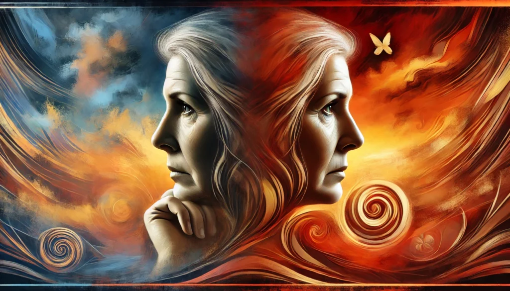 A surreal depiction of menopause-related mood swings, showing a woman with two contrasting facial expressions—calm on one side and distressed on the other. The background blends fiery and shadowy hues, symbolizing emotional instability.