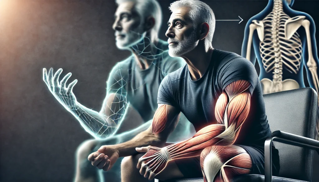 A digital illustration of an aging man with visible muscle atrophy in his arms and legs, transitioning from a sedentary lifestyle to an active gym setting, symbolizing muscle regrowth and rehabilitation.