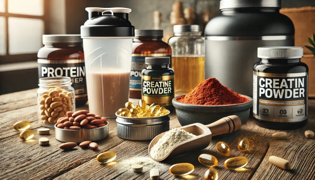 A close-up of a wooden table displaying various muscle-building supplements, including protein powder, creatine, omega-3 capsules, and amino acid tablets, arranged in a visually appealing manner with soft natural lighting.