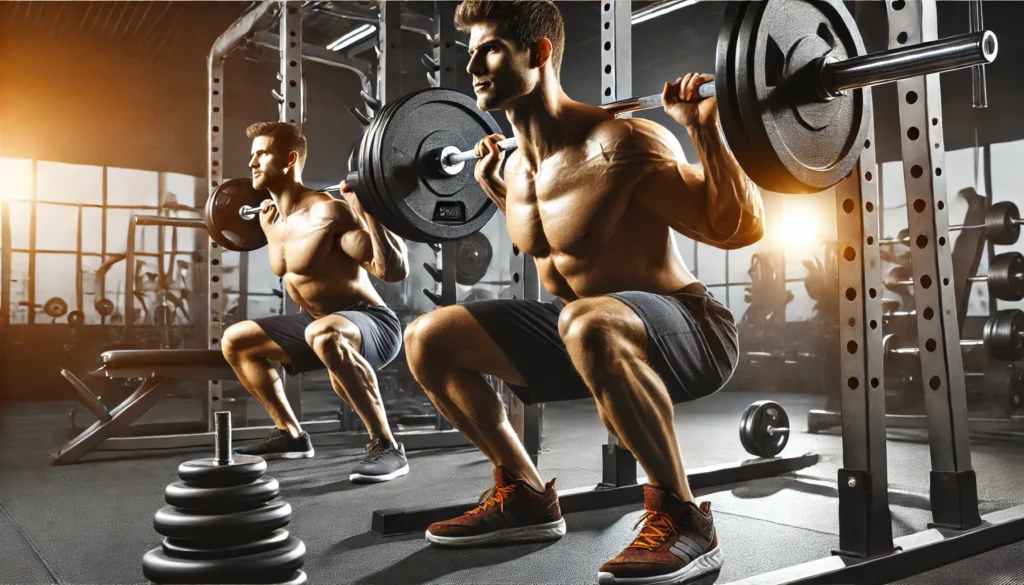 A muscular man executing a deep squat with a barbell, showcasing strength training, while another man performs shoulder presses with dumbbells, representing weight training. The gym environment features racks, weights, and workout equipment to emphasize the training styles