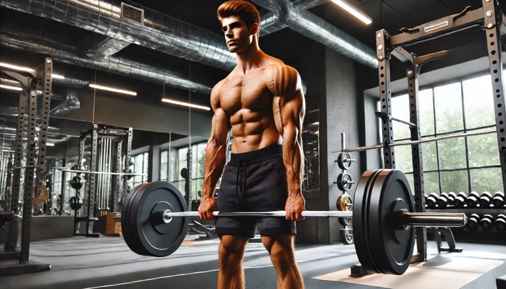 A strong, athletic man executing a powerful deadlift in a high-end gym. His well-defined muscles and determined expression highlight strength training and powerlifting.