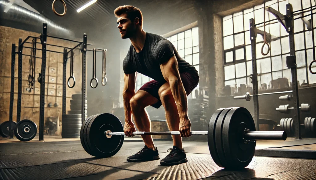 A fit man executing a deadlift with a loaded barbell in an industrial-style gym, emphasizing raw strength and focus.