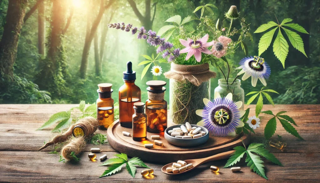 A tranquil nature-inspired display of holistic mental health remedies, including herbal tinctures, valerian root, passionflower, and omega-3 capsules on a rustic wooden table, with a lush green forest background.