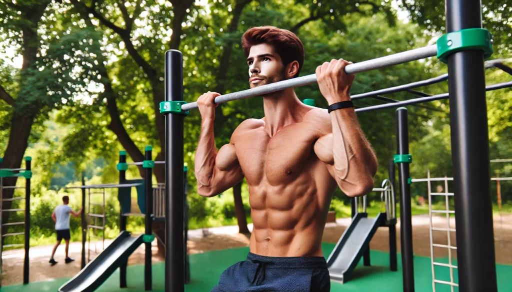 A strong man doing pull-ups on a bar in an outdoor calisthenics park, emphasizing upper body strength and endurance.