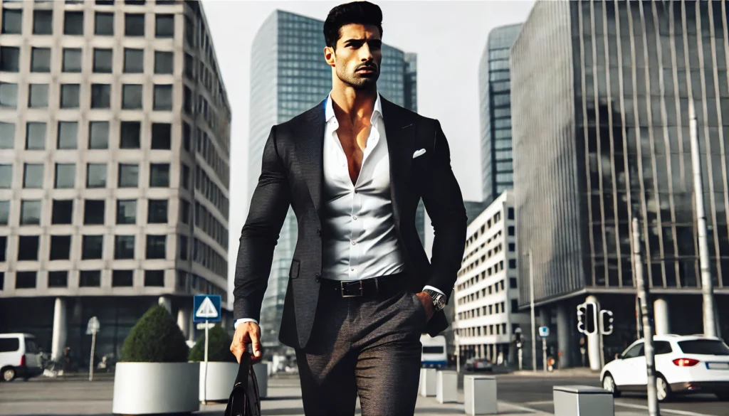 A stylish and confident man in a sharp suit walking through a cityscape. His fit physique is subtly visible through the tailored clothing, exuding professionalism and self-assurance.