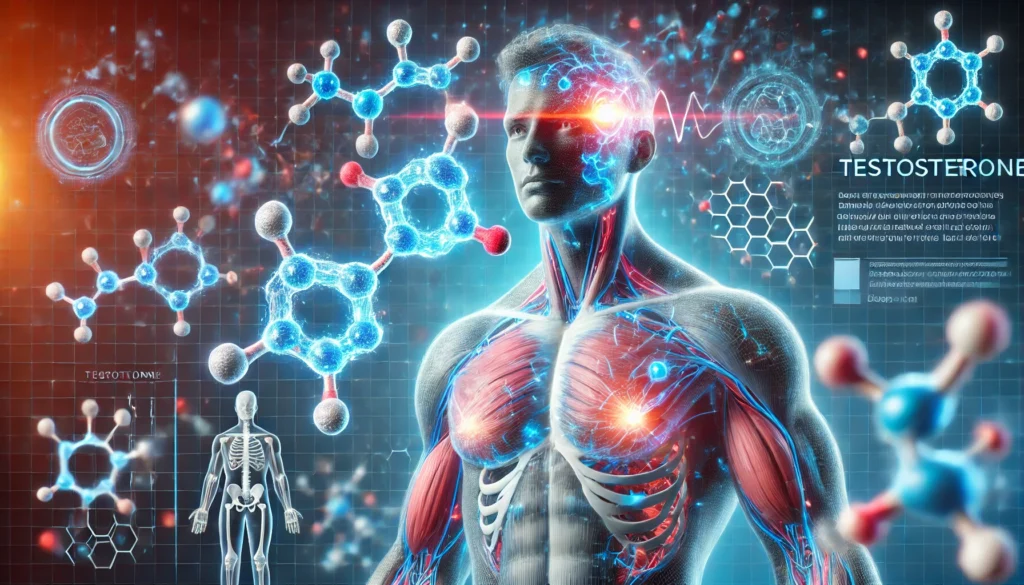 A futuristic visualization of glowing testosterone molecules interacting with the male body, emphasizing their impact on strength and cognition.