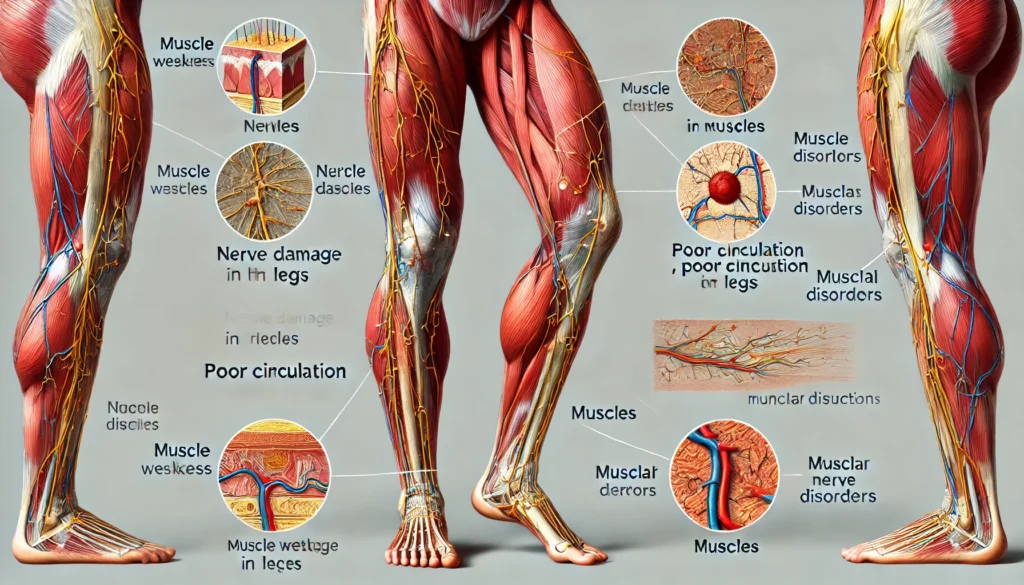 An anatomical illustration showing muscles, nerves, and potential causes like nerve damage, poor circulation, and muscular disorders.