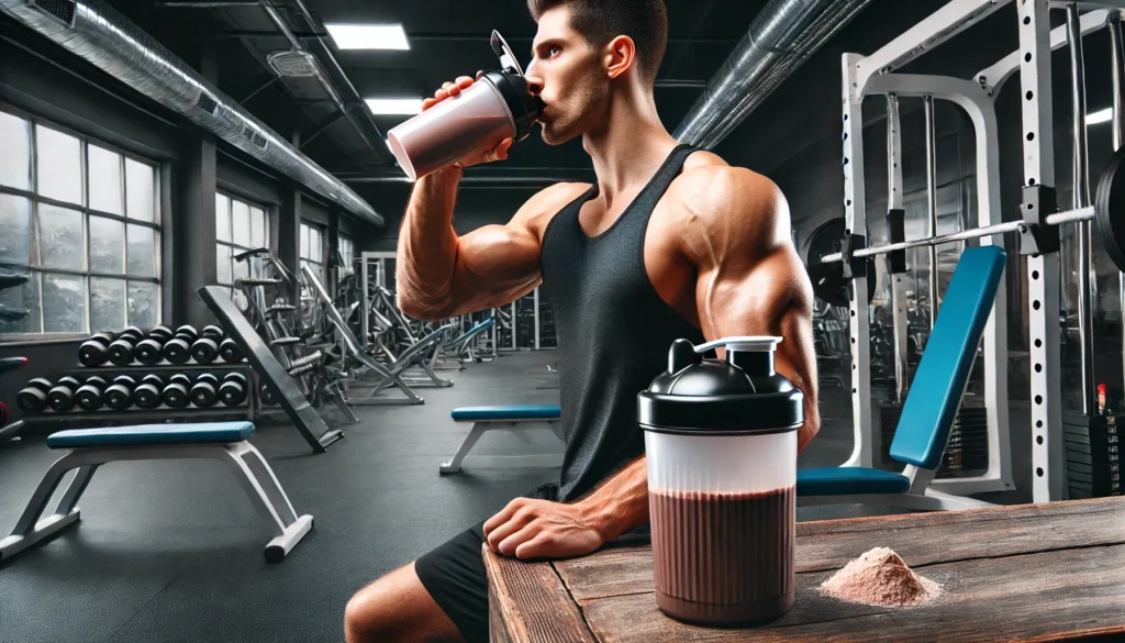 A post-workout gym scene where a muscular athlete drinks a protein shake from a shaker bottle. Gym equipment and a protein powder container emphasize muscle recovery and growth.