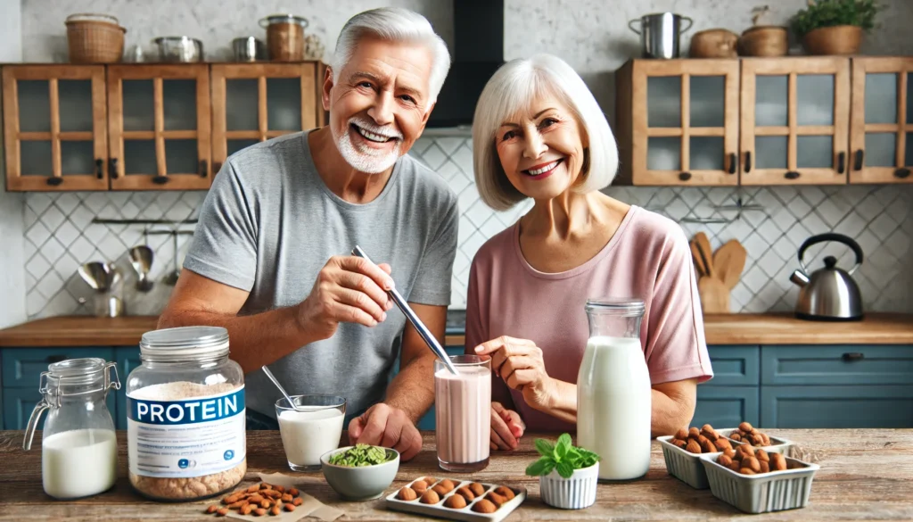 An elderly couple joyfully preparing a protein-rich smoothie in a modern kitchen, surrounded by sources of protein such as yogurt, milk, nuts, and a container of protein powder, promoting a healthy senior lifestyle.