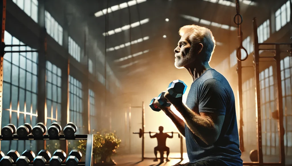 An elderly yet strong individual lifting weights in a well-lit gym, highlighting vitality, resilience, and the pursuit of long-term fitness and health."