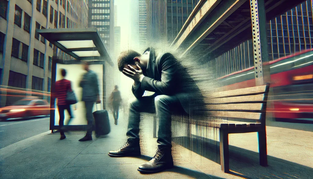 A fatigued man sitting on a bench in an urban setting, his head resting on his hands. A faint blur effect surrounds him, symbolizing exhaustion and extreme tiredness.