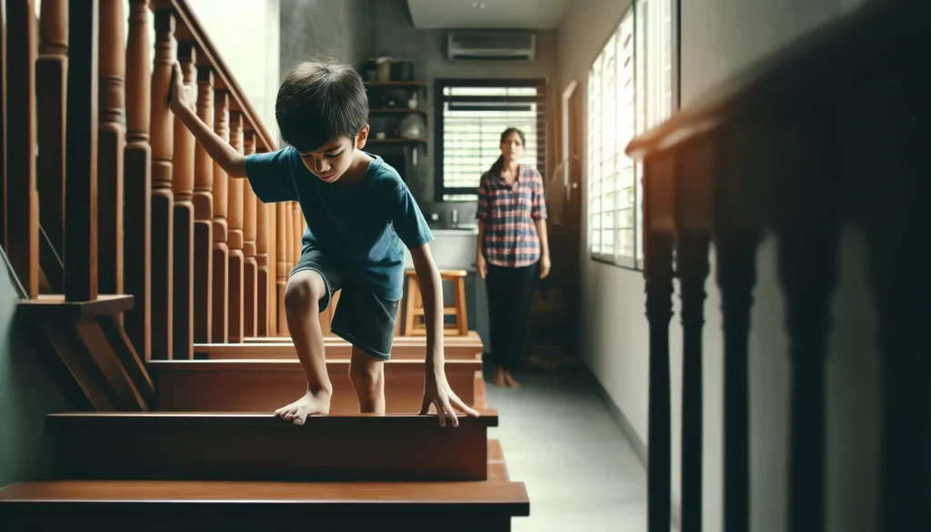 A young boy grips a stair railing for support while struggling to climb, with weak legs indicating early muscular dystrophy symptoms. A concerned parent observes in a home setting."