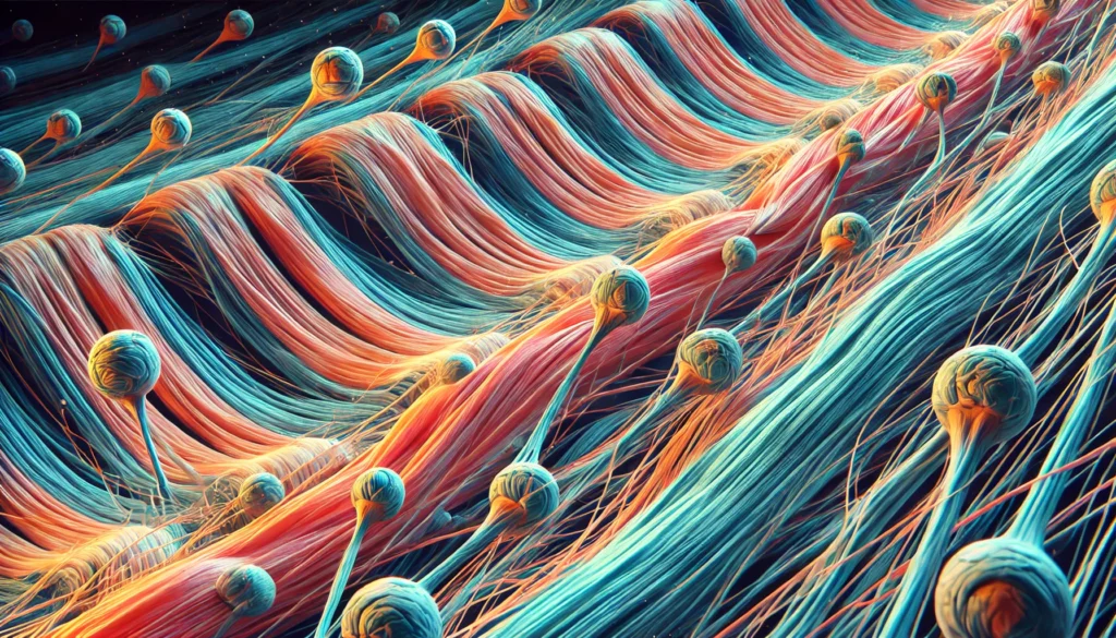 A scientifically accurate visualization of skeletal muscle function, highlighting microscopic interactions between actin and myosin filaments during contraction and relaxation.