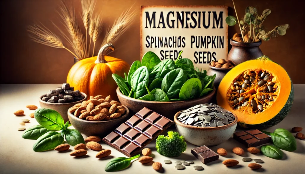 A visually appealing arrangement of magnesium-rich foods such as spinach, almonds, pumpkin seeds, and dark chocolate on a warm and inviting background, highlighting dietary sources for optimal absorption.