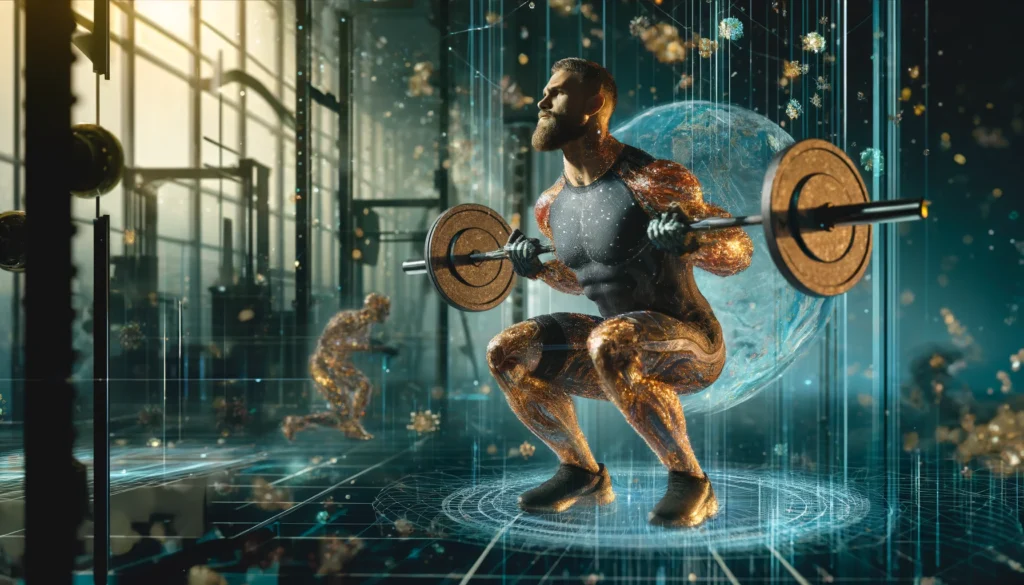 A hyper-realistic image of a muscular athlete performing squats, deadlifts, and bench presses in a state-of-the-art gym, with dramatic lighting showcasing muscle engagement.