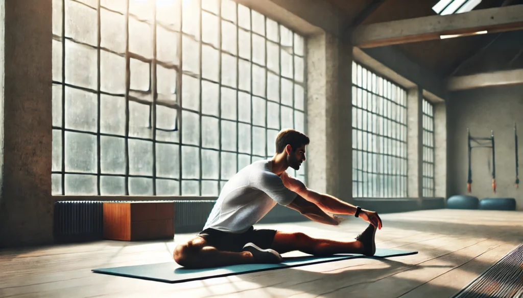 Athlete stretching on a yoga mat in a bright, open studio with natural sunlight, aiding in muscle recovery.